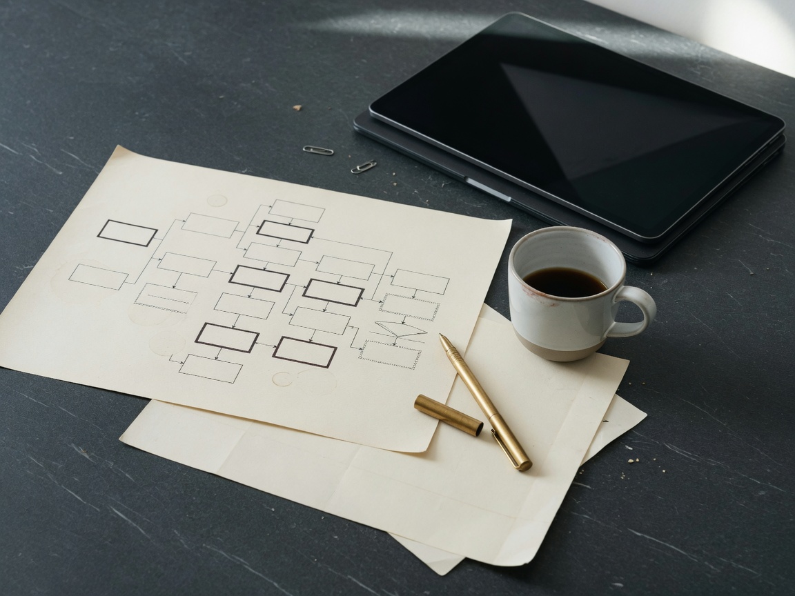 Overhead of a process map, tablet, and coffee on a stone desk