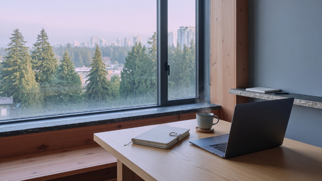 Quiet Vancouver studio desk in morning light, laptop closed beside a notebook