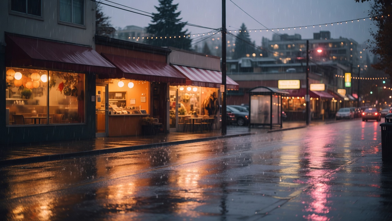 雨夜大温街区，店里还亮着灯